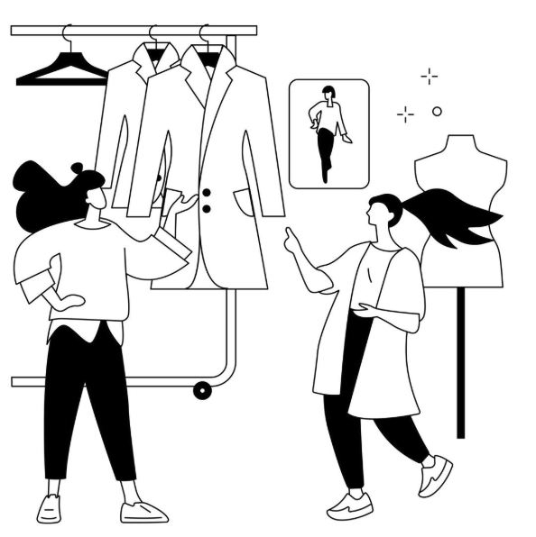 How to Make a Size Chart for Your Clothing Brand: Quick Tips 1 Black and white illustration of two women discussing how to make a size chart, pointing at clothes.