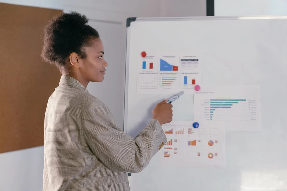 A woman pointing at a whiteboard showing the best ways to find a target market for clothing brands.