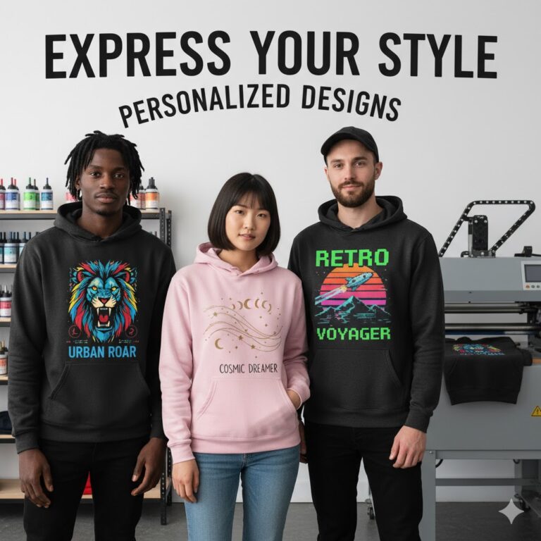 buatkan gambar Custom Hoodie Printing: Express Your Style with Personalized Designs